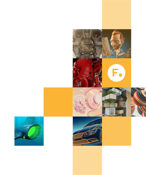 A montage of small individual images that represent the Foundry Community. The individual images include the Foundry logo, work created using Foundry VFX products and different shades of orange block squares.