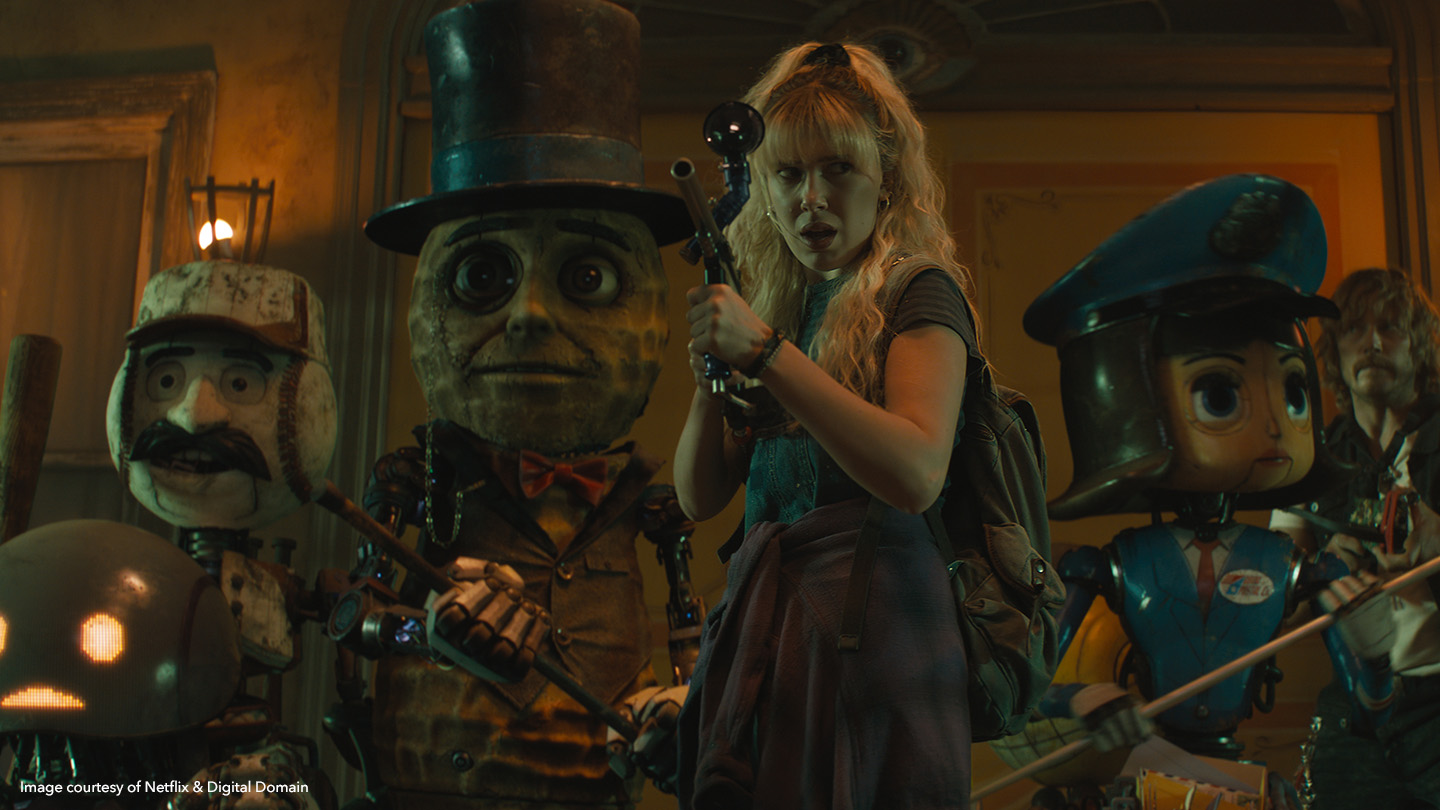 Millie Bobby Brown as Michelle Greene, surrounded by her robot friends in The Electric State