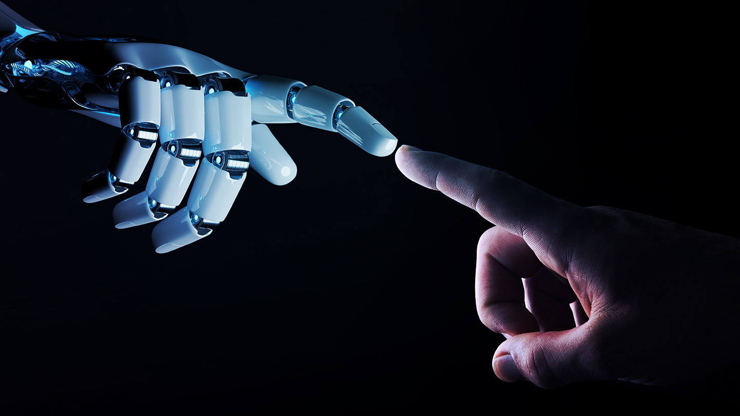 3d robot skeleton hand touching human hand