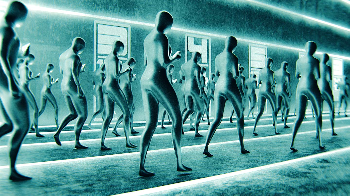 Futuristic figures marching