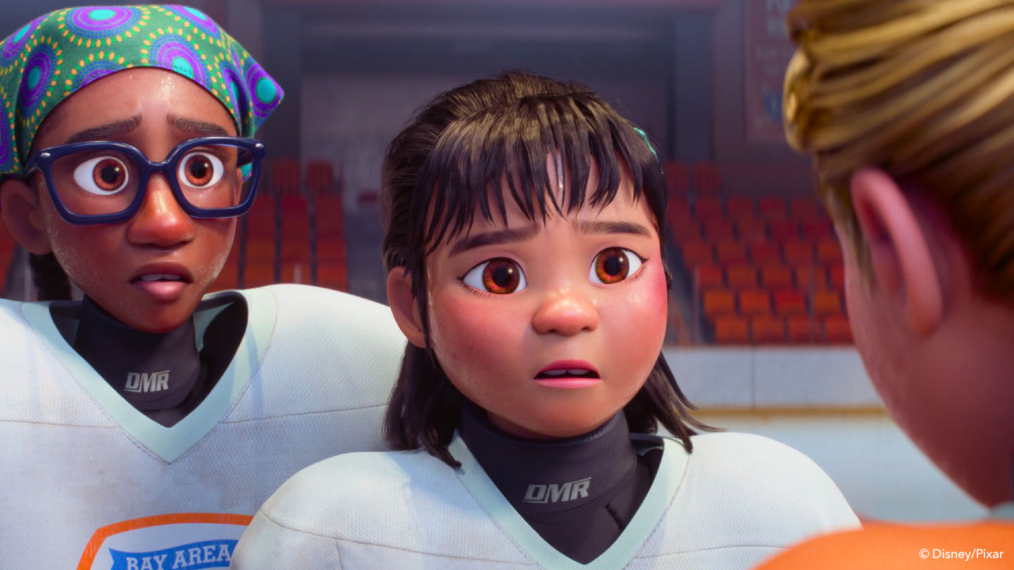 Riley's friend Grace with bruising on face at ice hockey game in Inside Out 2