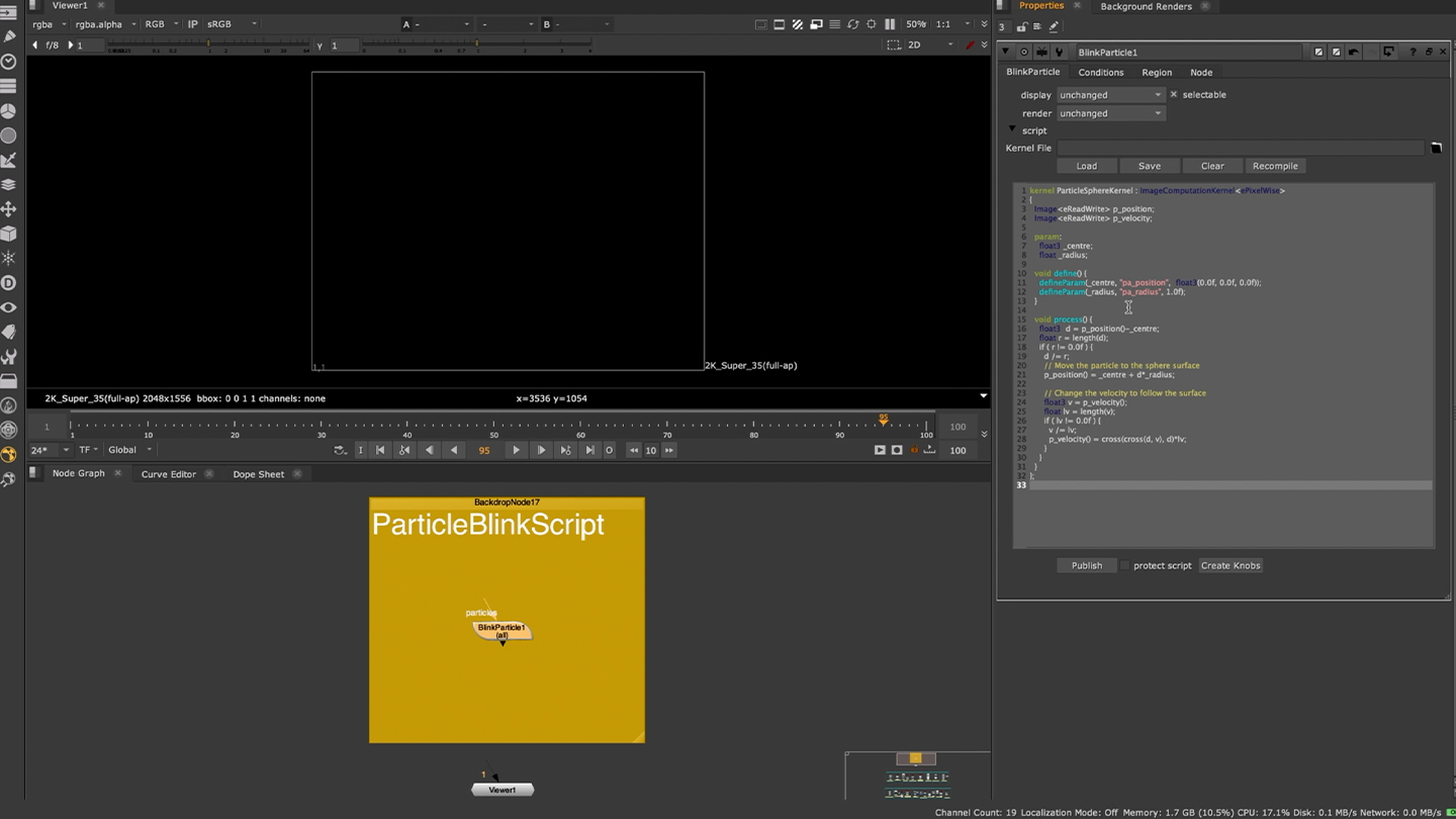 UI grab of Nuke's Particle Blinkscript node in action