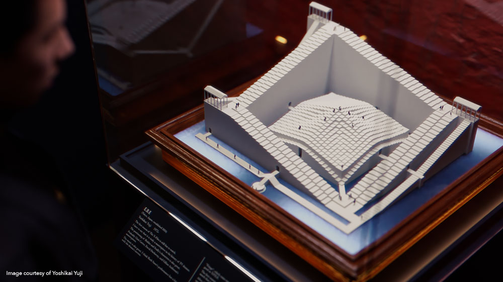 Display of pyramid model in glass case made in Modo 17.0