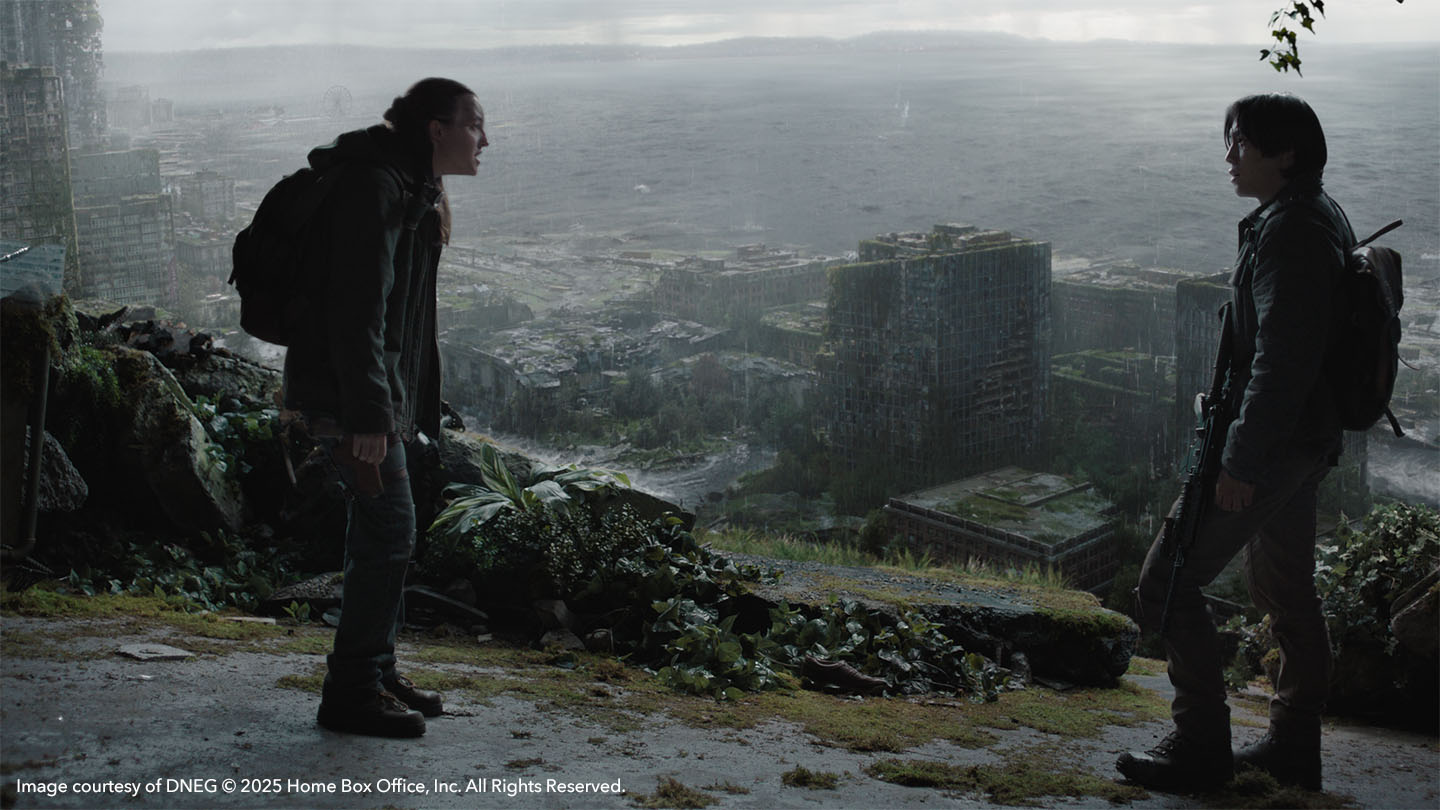 Ellie and Jesse overlooking Seattle in The Last of Us season 2