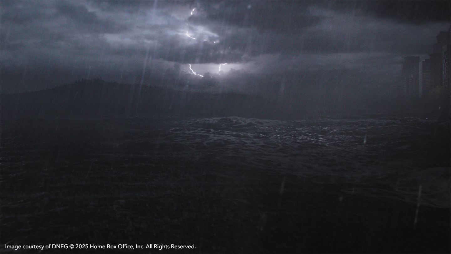 Stormy sea lit up by lightning in The Last of Us season 2