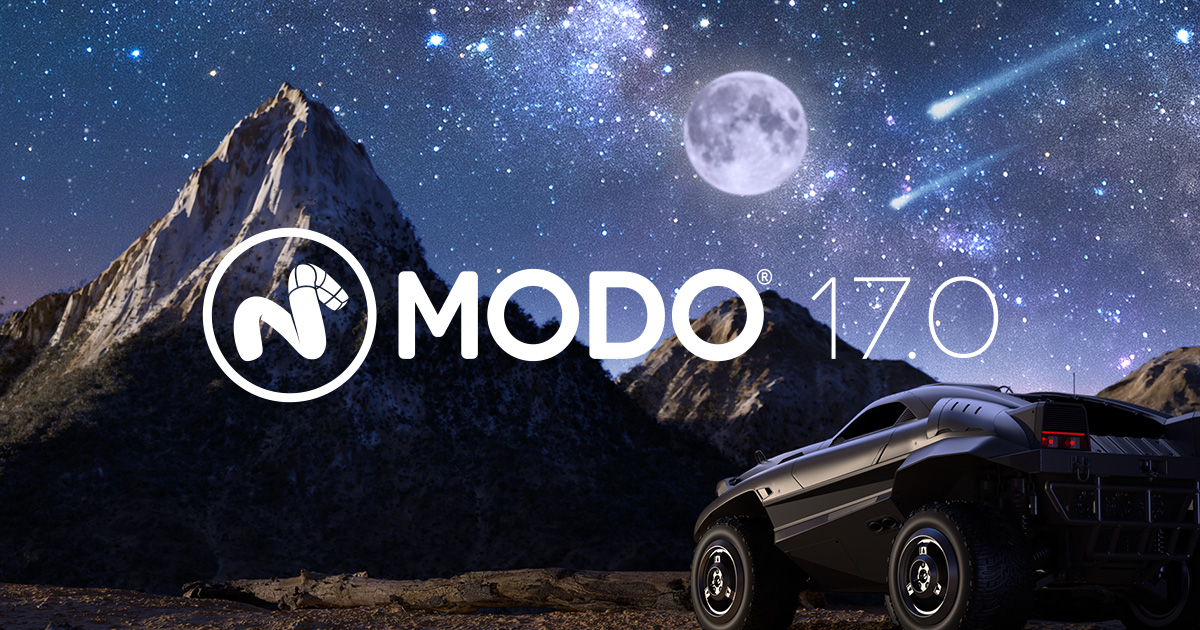 The Modo logo and Modo 17.0 written over a background produced using Modo. The background contains a futuristic vehicle, mountains and a deep blue starry sky.