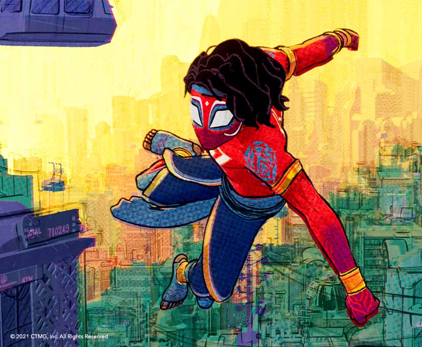 Spider-Man variant character from 'Spider-Man: Across the Spider-Verse' in a dynamic pose, swinging through a cityscape.