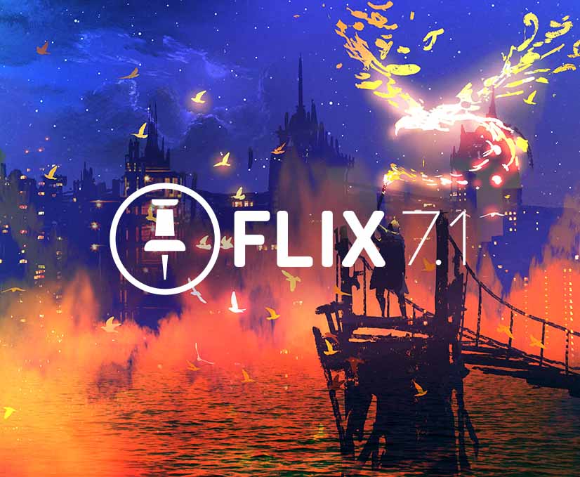 A vibrant digital artwork featuring a hooded figure holding a lit torch with a flaming bird emerging from it. The Flix 7.1 logo is displayed in front of a cityscape background with glowing birds flying over a lake..