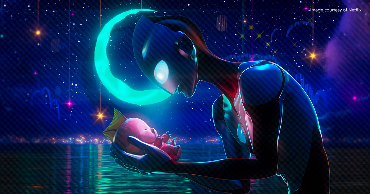 Ultraman Rising scene depicting Ultraman cradling Emi under a blue crescent moon