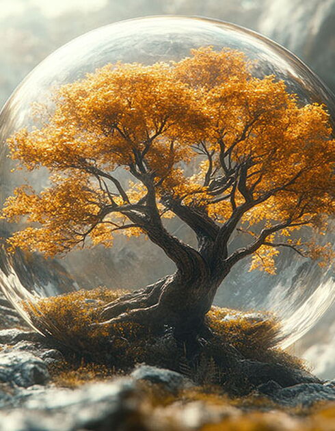 Trees surrounding by marbles showing progression and growth