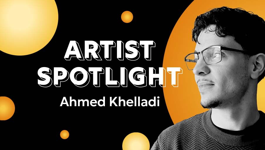 Artist Spotlight: Ahmed Khelladi black and white image of Ahmed against black and yellow background