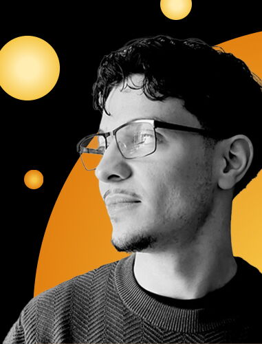 Artist Spotlight: Ahmed Khelladi black and white image of Ahmed against black and yellow 