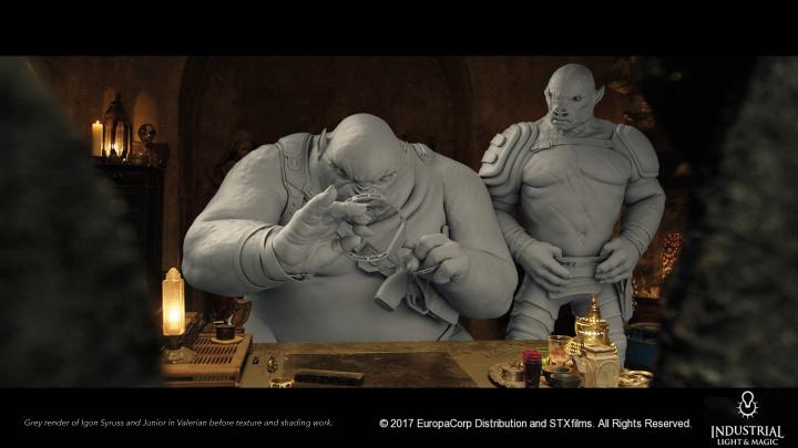 grey render of Igon Syruss and Junior in Valerian before texture and shading work