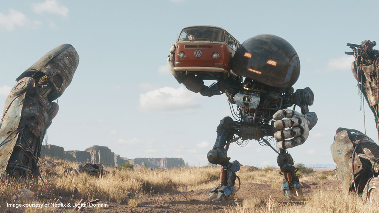 Herman in his supersized form carrying a camper van in The Electric State