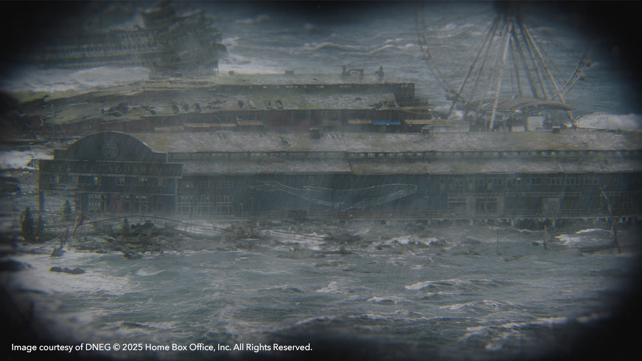 Wide view of the Seattle Aquarium in The Last of Us Season 2