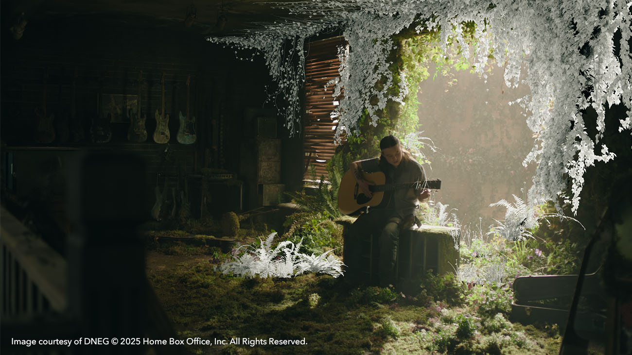 VFX breakdown of Ellie playing guitar in shop in The Last of Us season 2