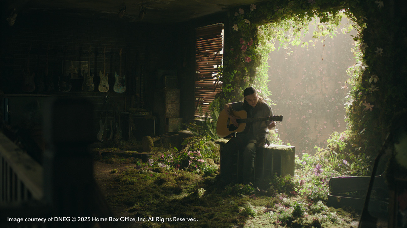 VFX breakdown of Ellie playing guitar in shop in The Last of Us season 2