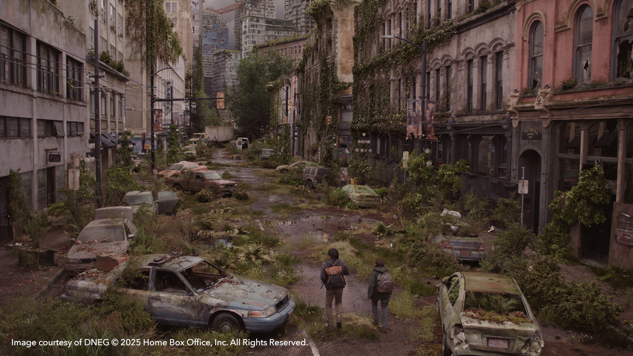 VFX breakdown of overgrowth Seattle street in The Last of Us Season 2