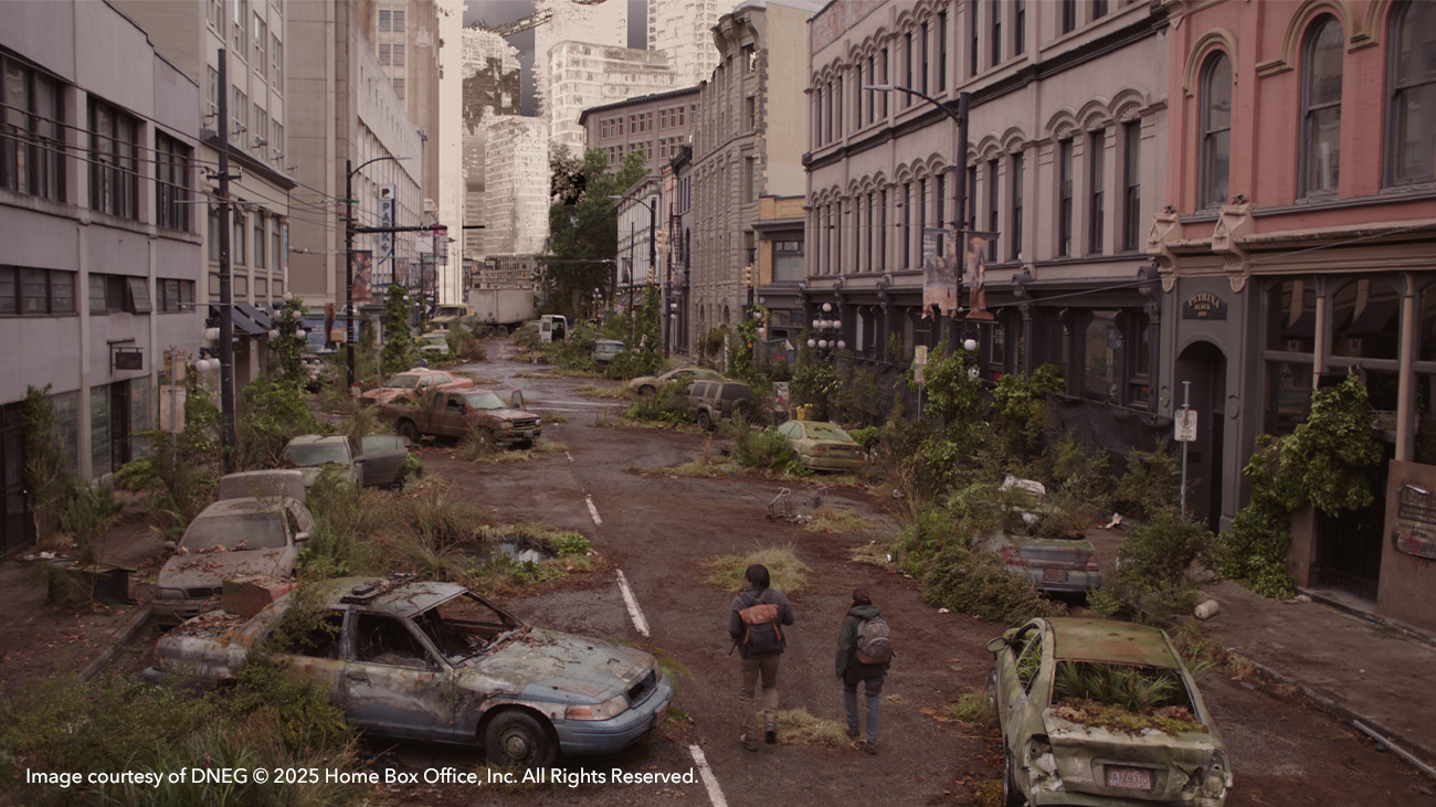 VFX breakdown of overgrowth Seattle street in The Last of Us Season 2