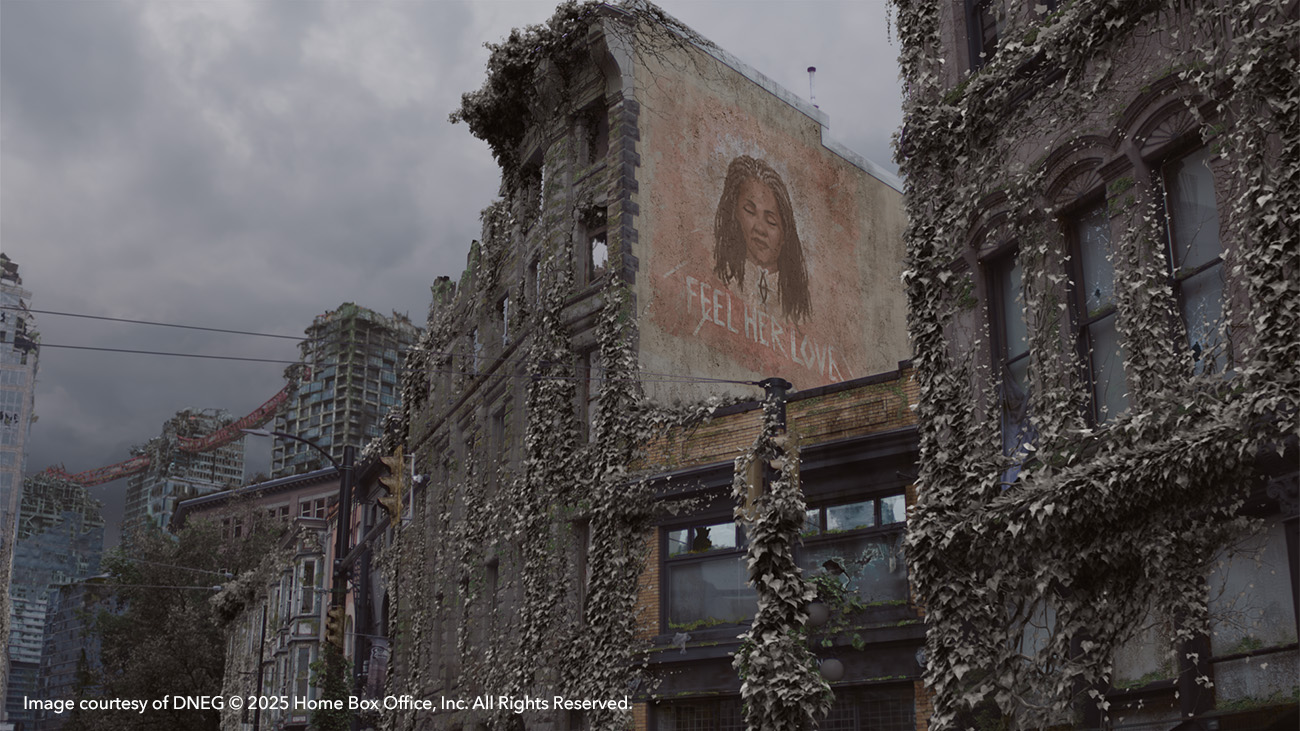 Trailing ivy on a dilapidated building in The Last of Us season 2