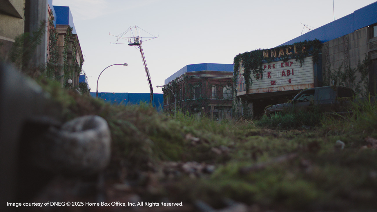 Blue screen plate of the abandoned theater in The Last of Us Season 2